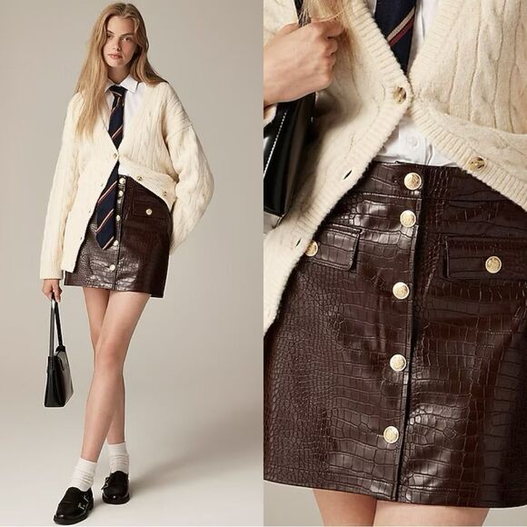NWT J CREW Collection mini skirt croc-embellished faux leather in Midnight Brown - Picture 1 of 7